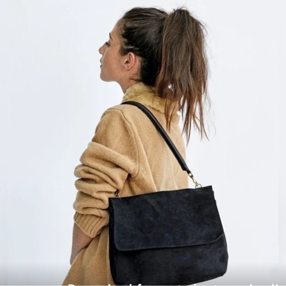 Authentic Clare V Helene Shoulder Bag Black Suede